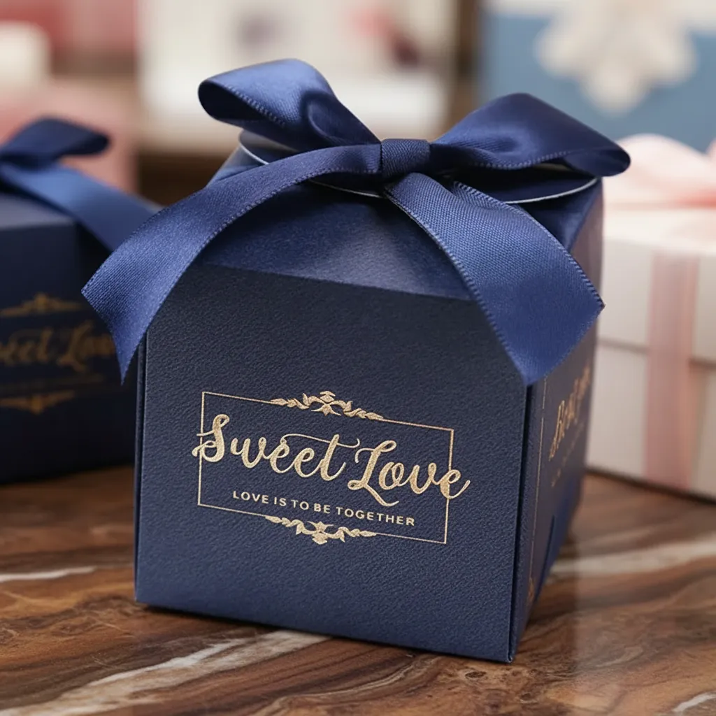 Custom Blue Cube Box with Ribbon Bow 1